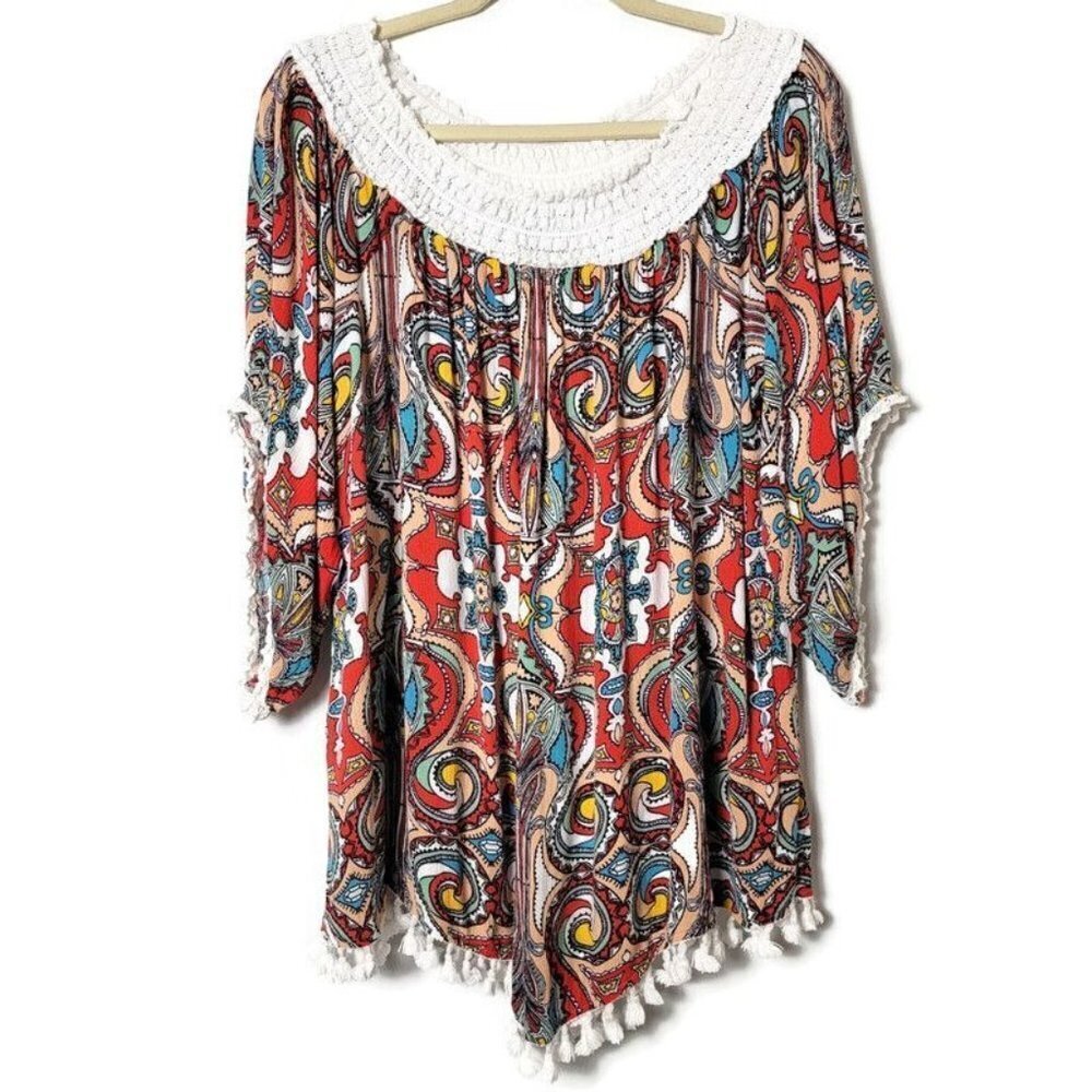 Ali Miles Colorful Paisley Geometric Boho Tassels Stretch Neckline Blouse Top 1X